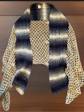 Vintage FREE PEOPLE Wrap 88x27 Ivory Open Knit & Blue Crochet Colorblock Scarf